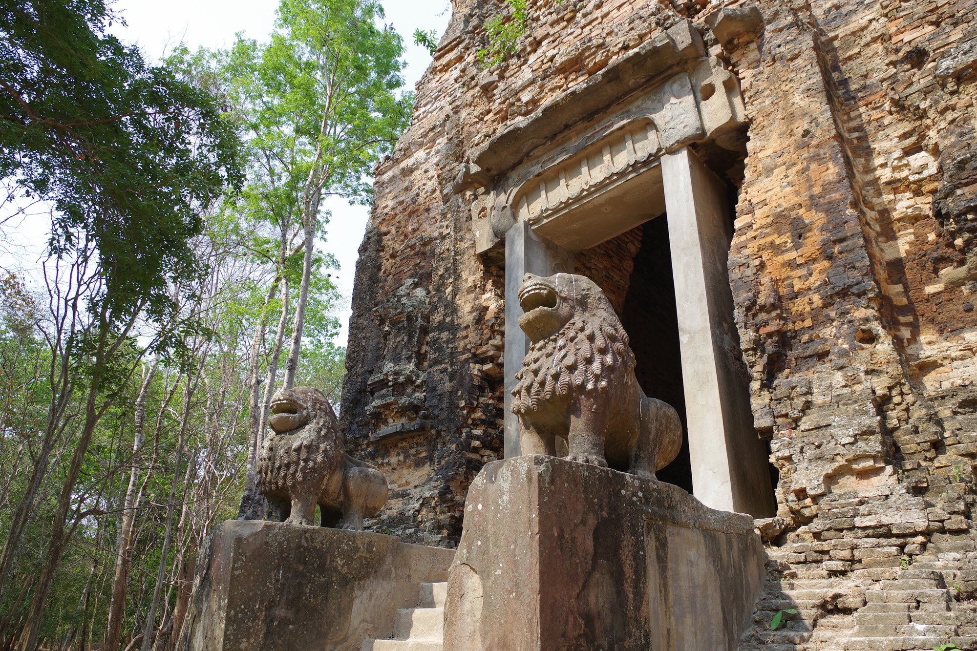 独特な獅子像が守るサンボー・プレイクックの寺院遺跡
